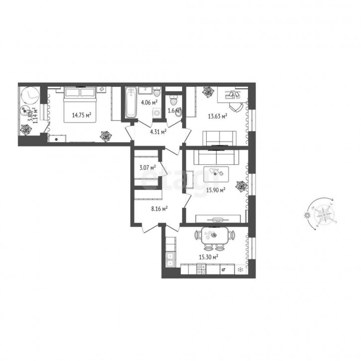 3-комн квартира Фармана Салманова, 14