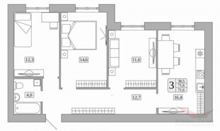 3-комн квартира в новом доме улица Олега Пешкова, 1