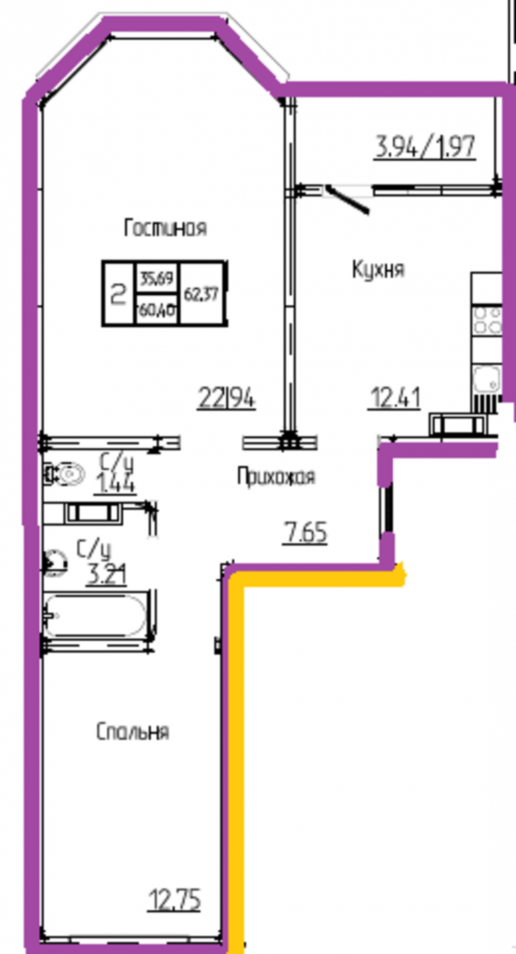 2-комн квартира улица Рощина, 3