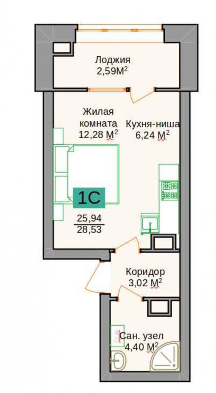 1-комн квартира в новом доме Таежная, 2 к 1