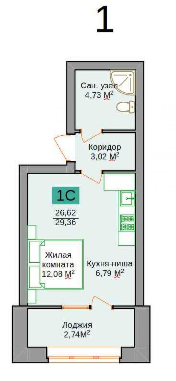 1-комн квартира в новом доме Таежная, 2 к 1