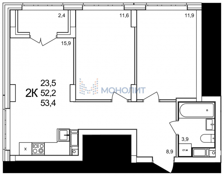 2-комн квартира в новом доме Черкесская ул, 47