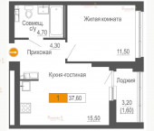 2-комн, 37.6кв м, этаж 2/25 Академика Бардина 21А