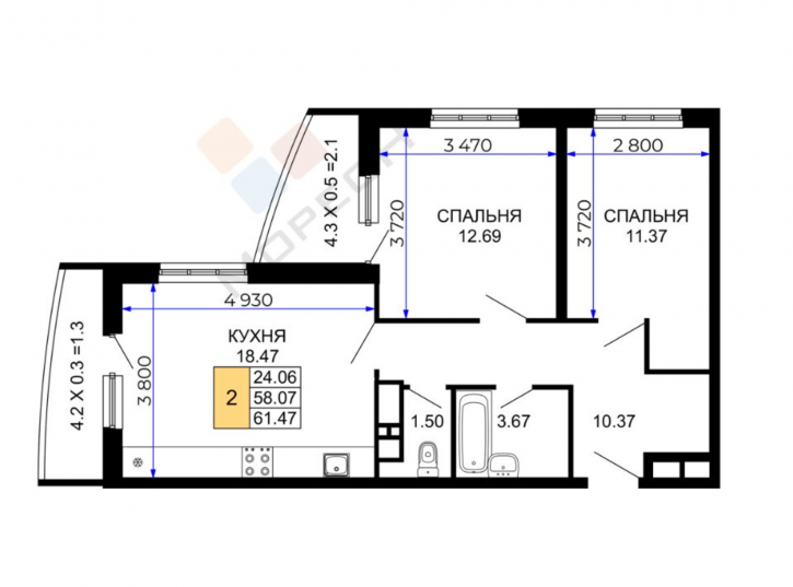 2-комн квартира в новом доме Петра Метальникова ул, 36