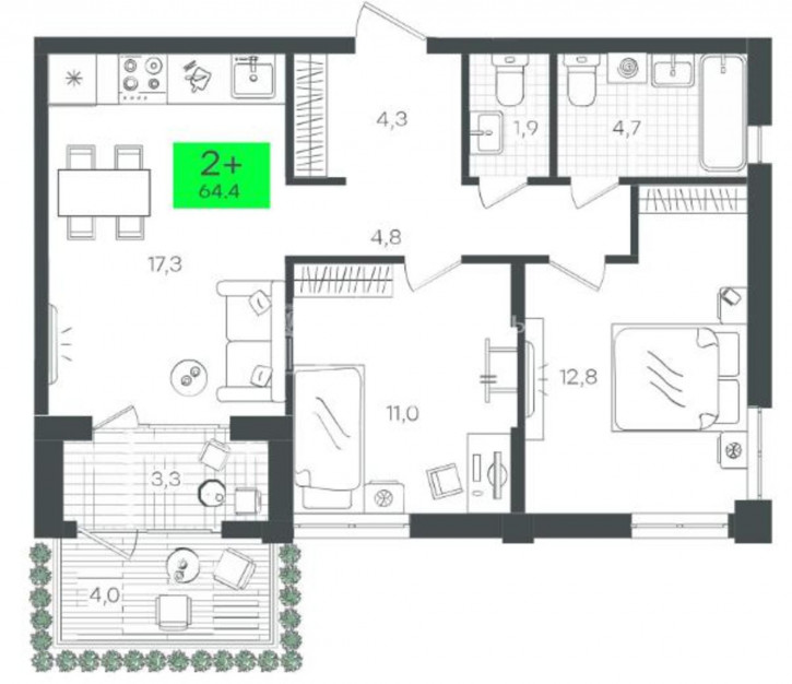 2-комн квартира улица Николая Глебова, 3