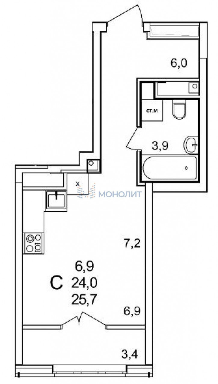 1-комн квартира в новом доме Черкесская ул, 50
