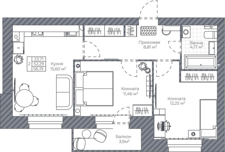 2-комн квартира в новом доме Тормозное шоссе, д.1