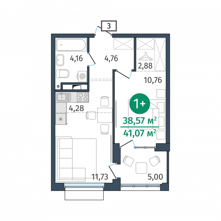 1-комн квартира в новом доме Тюмень