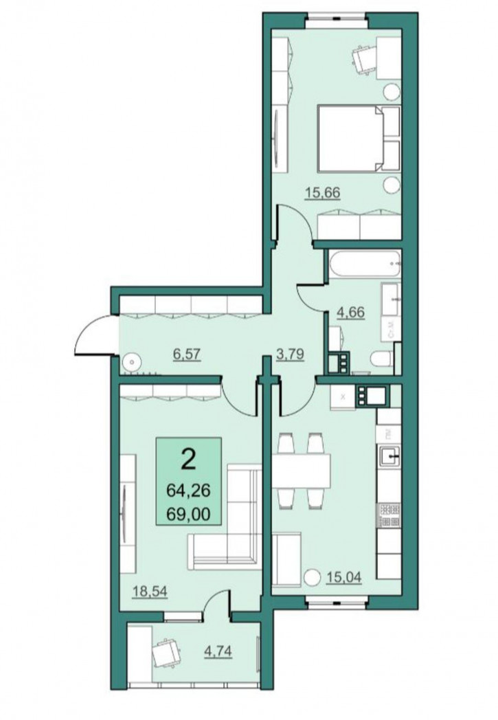 2-комн квартира в новом доме Академика Семёнова ул, 21