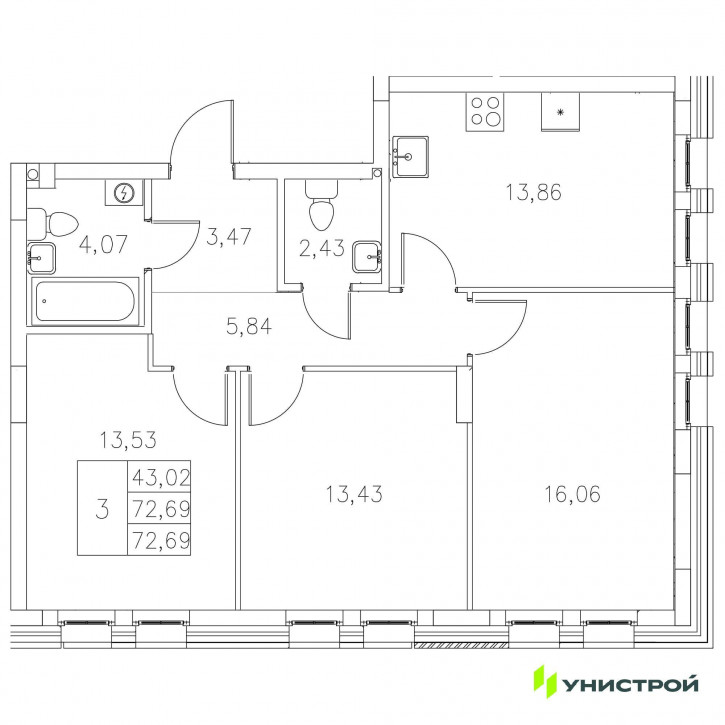 3-комн квартира в новом доме Адмиралтейская