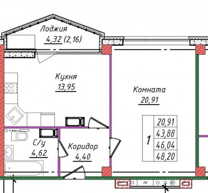 1-комн квартира в новом доме Голубева ул, 12