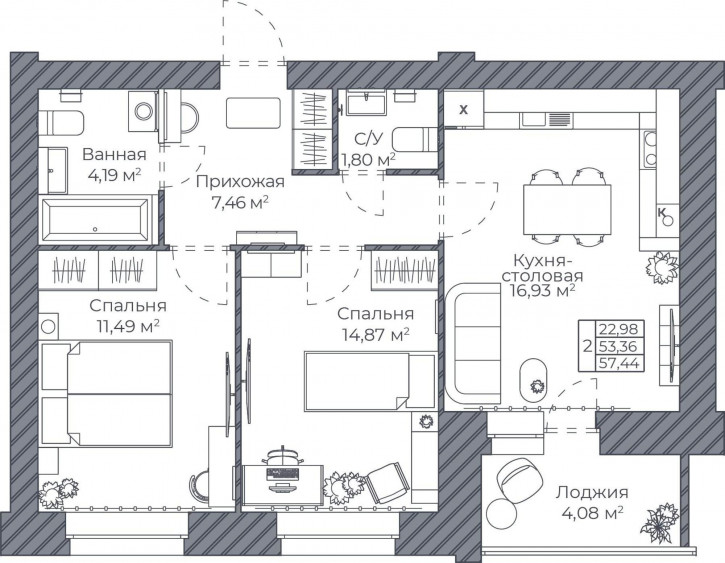 2-комн квартира в новом доме Тормозное шоссе, д.1